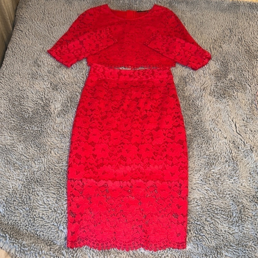Marciano Red Hot Rebelle Metallic Lace Piya Long Sleeve Crop Top + Skirt Set - Picture 4 of 16